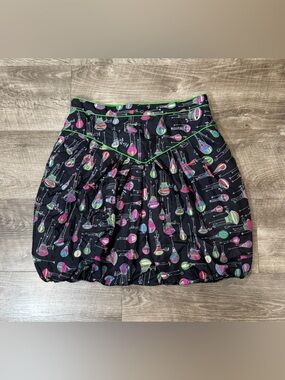 ANA SUI Anthropologie 100% Silk Bubble Skirt Air Balloon Pattern Black Size 30 M